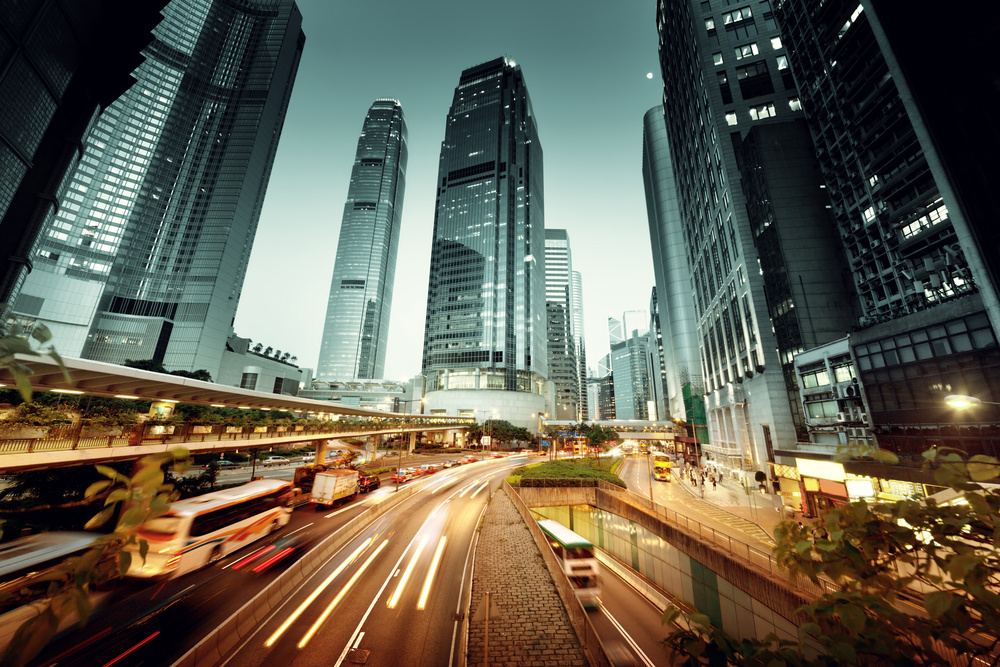 traffic in Hong Kong at sunset